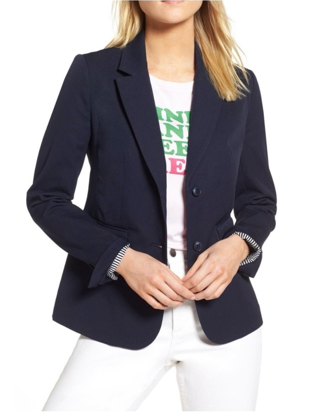 1901 Women's Stretch Cotton Preppy Blazer Jacket Navy Blue Size 12